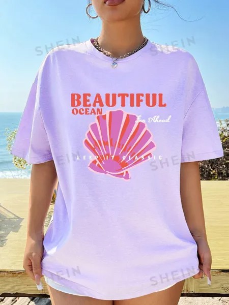 SHEIN EZwear Повседневная женская футболка большого размера с круглым вырезом и короткими рукавами с рисунком животных, фиолетовый