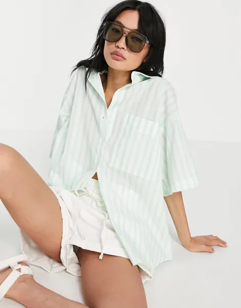 Рубашка в полоску мятного цвета с короткими рукавами и удлиненным краем ASOS DESIGN-Multi