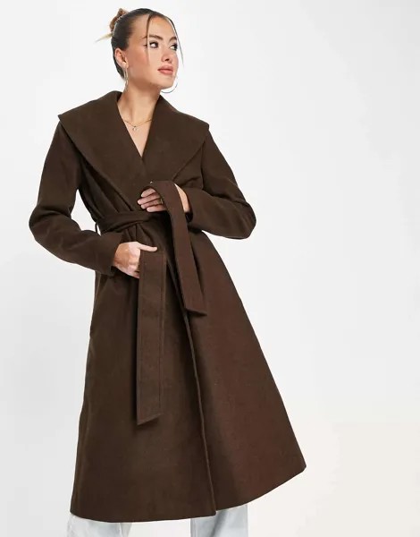 Шоколадно-коричневое пальто с запахом и шалью Forever New