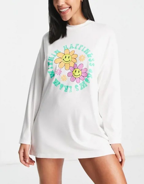 Пижамное платье-лонгслив в стиле oversized белого цвета с принтом 