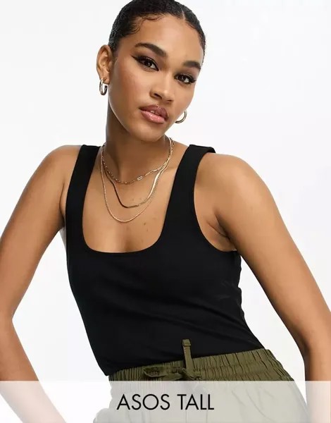 Черное боди в рубчик с широким воротником ASOS DESIGN Tall