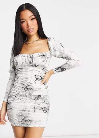 Облегающее платье мини с рисунком тай-дай, длинными рукавами и присборенным лифом ASOS DESIGN Petite-Многоцветный