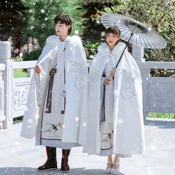 Зимняя плотная накидка Hanfu для пар, Китайская традиционная белая накидка Hanfu с капюшоном, Рождественский костюм для мужчин и женщин, большие ...