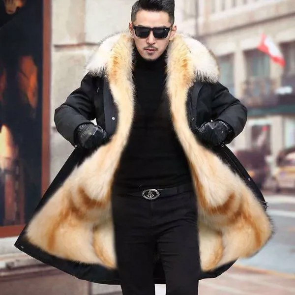 Мужское меховое пальто HANZANGL 2022, зимняя высококачественная модная Толстая теплая парка на меху с капюшоном, верхняя одежда средней длины