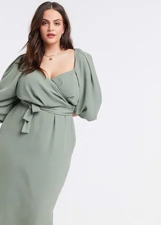 Платье миди цвета хаки с запахом и объемными рукавами ASOS DESIGN Curve-Зеленый