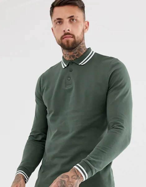 Лонгслив-поло из пике цвета хаки и с окантовкой ASOS DESIGN-Зеленый цвет