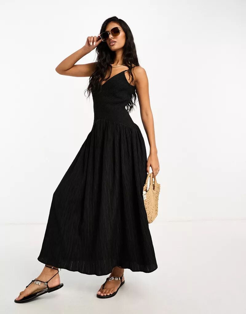 Черное летнее платье миди с пышной юбкой и жатой текстурой ASOS