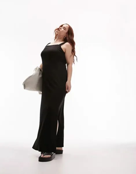 Черное платье миди в рубчик из джерси Topshop Curve