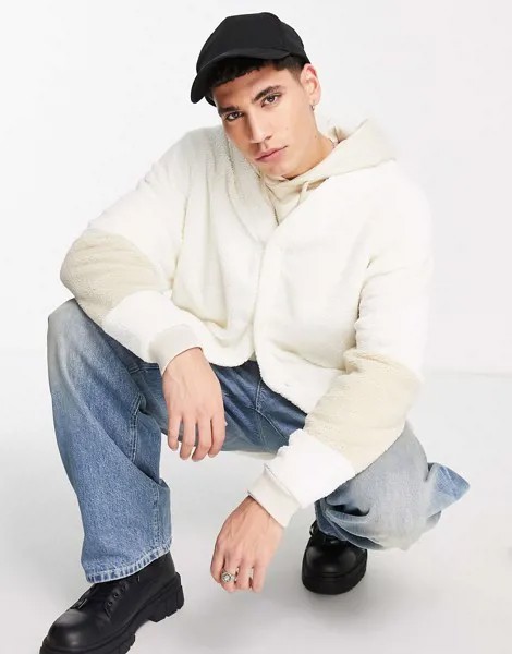 Кремовый oversized-кардиган из искусственного меха с рукавами в стиле колор блок ASOS DESIGN-Светло-бежевый цвет