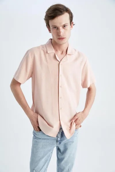 Льняная рубашка обычного кроя с открытым воротником и короткими рукавами DeFacto, розовый