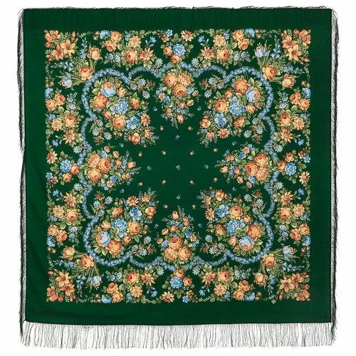 Платок Павловопосадская платочная мануфактура,146х146 см, зеленый, коралловый