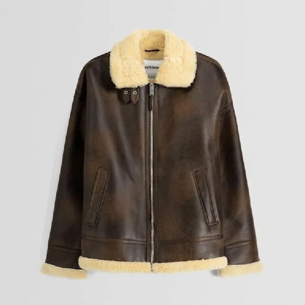 Куртка Bershka Faux leather Double-faced, коричневый