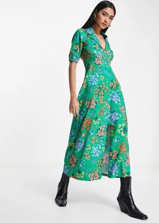 Зеленое чайное платье миди с воротником и цветочным принтом ASOS DESIGN-Зеленый
