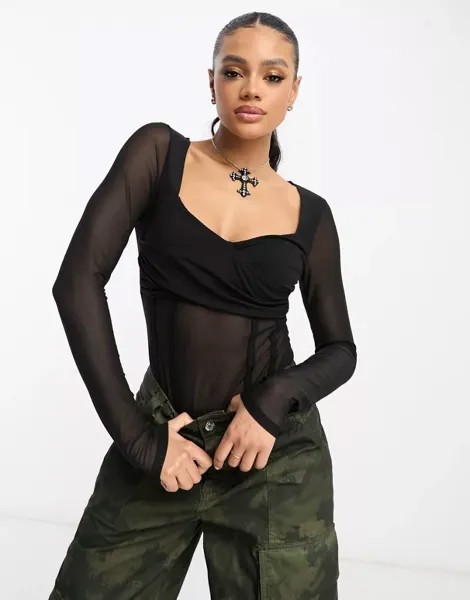 Черное боди с длинными рукавами и сетчатыми вставками ASOS