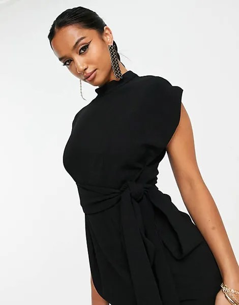 Черное платье мини с поясом и завязкой на талии Closet London Petite