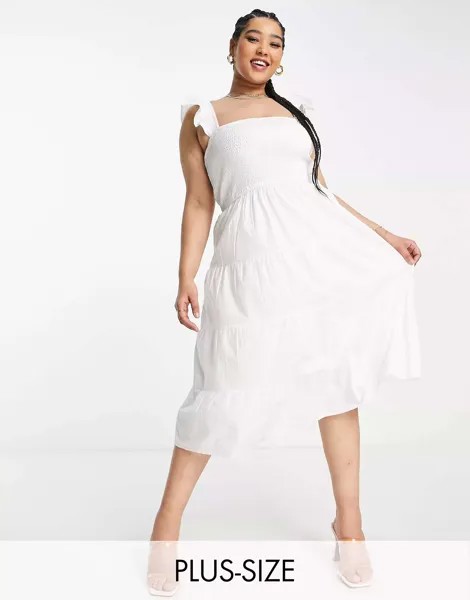 Белое ярусное платье миди с присборенной грудью и оборками и рукавами In The Style x Jac Jossa
