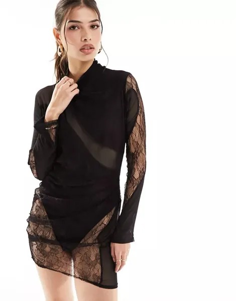 Черное прозрачное сетчатое мини-платье с кружевными вставками и боди ASOS