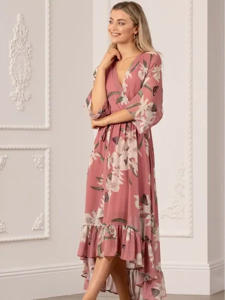 Платье миди с глубоким подолом и цветочным принтом Urban Touch, персиковый
