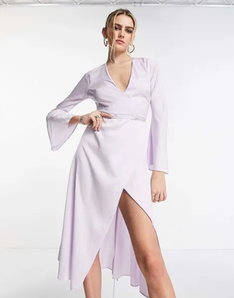 Платье миди с запахом и завязками на талии Asos Design, лиловый (Размер 46 RU)