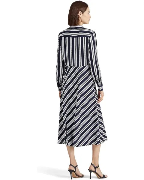 Платье LAUREN Ralph Lauren Petite Striped Tie Front Crepe Midi Dress, темно-синий/белый
