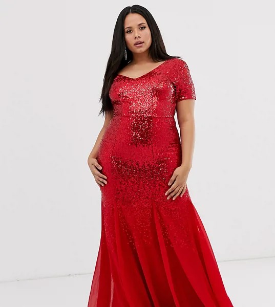 Шифоновое платье макси с короткими рукавами и пайетками City Goddess Plus-Красный