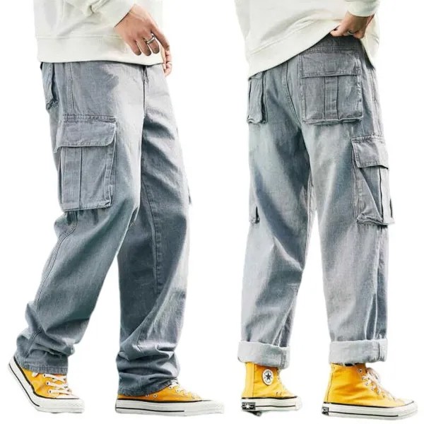 Джинсы-багги мужские с множеством карманов, свободные штаны из денима в стиле хип-хоп, уличные брюки-карго для скейтборда