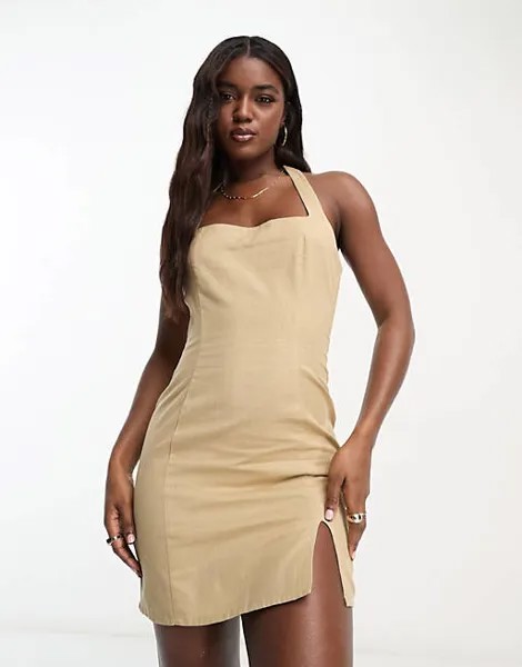 Светло-коричневый льняной мини-сарафан с бретельками ASOS DESIGN