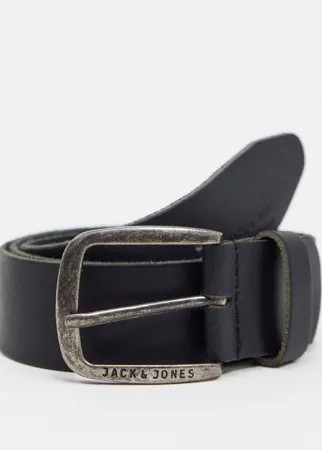 Черный гладкий кожаный ремень с фирменной пряжкой Jack & Jones-Черный цвет