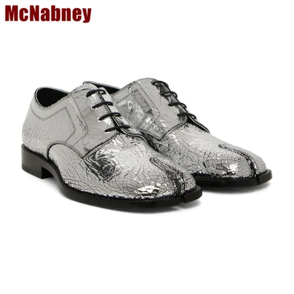 Мужские серебристые кожаные лоферы, мужские туфли-оксфорды Cattlehide с разрезом, слипоны на шнуровке, мужская деловая обувь для вечеринок
