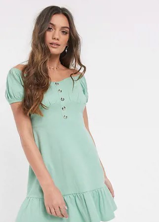Ярусное платье мини мятного цвета с открытыми плечами ASOS DESIGN Petite-Зеленый цвет