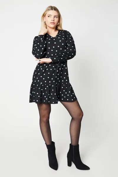 Синее многоуровневое мини-платье с V-образным вырезом в горошек Dorothy Perkins, черный