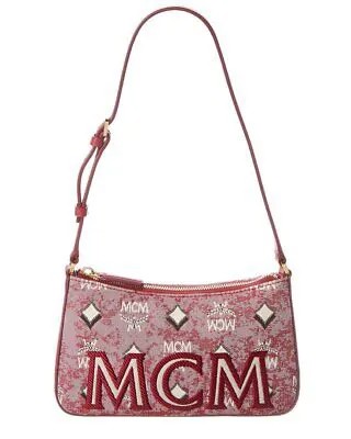 Mcm Vintage Жаккардовая женская сумка через плечо из ткани и кожи с монограммой, розовая