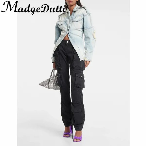 2,18 г., MadgeDutti, уличная одежда, дизайн с разрезом, вышивка, украшение, Потертая джинсовая куртка с дырками для женщин