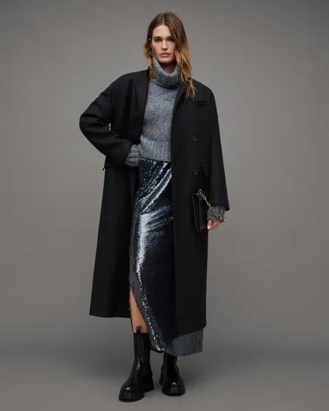 Пальто макси-длины из смесовой шерсти James AllSaints, черный