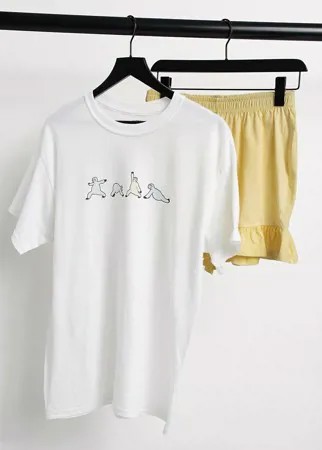 Бело-желтый пижамный комплект из футболки и шорт с рюшами с принтом занимающегося йогой ленивца Heartbreak-Многоцветный