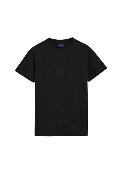 Мужская футболка - REG TONAL SHIELD T-SHIRT, круглый вырез, хлопок, вышивка GANT, черный