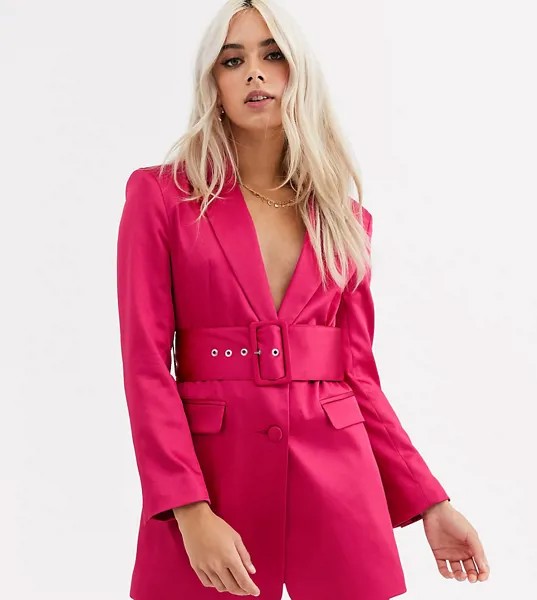 Атласный пиджак с поясом ASOS DESIGN Petite-Розовый