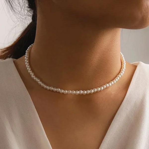 Простая элегантная белая имитация жемчужной бусины цепочка чокер ожерелье круглый жемчуг свадебное ожерелье для женщин шарм мода ювелирные изделия
