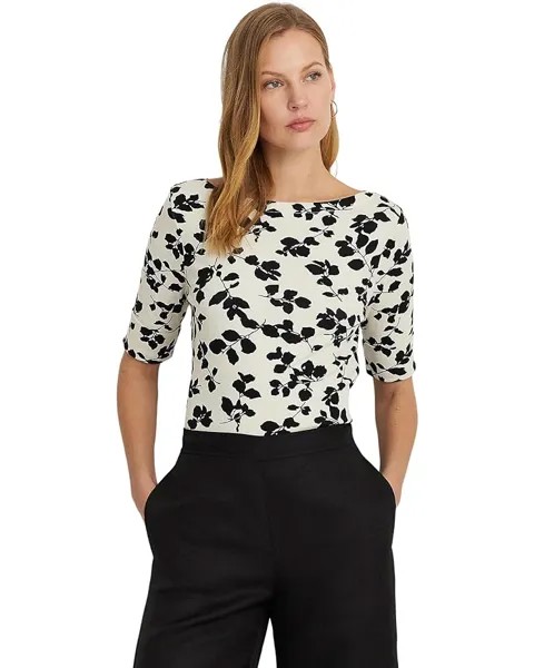 Футболка LAUREN Ralph Lauren Leaf-Print Stretch Cotton Boatneck, цвет Cream/Black