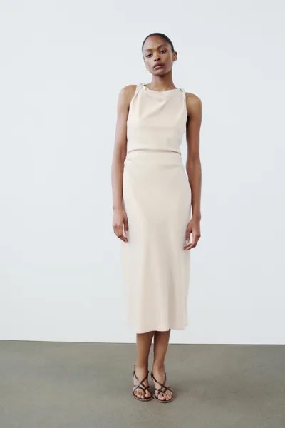 Атласное платье миди ZARA, средний экрю