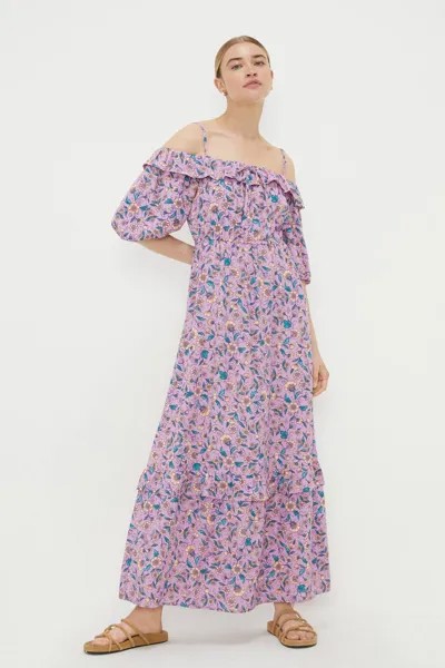 Пурпурное платье миди с бардо и цветочным принтом Dorothy Perkins, фиолетовый