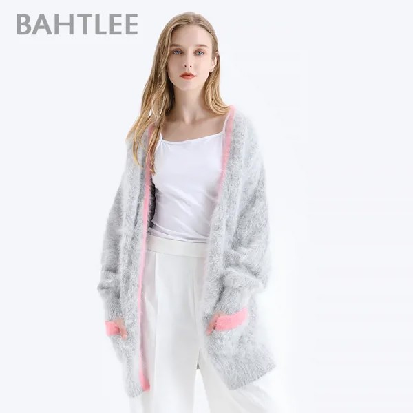 Зимние женские вязаные кардиганы BAHTLEE, свитер с карманами, шерстяное ангорское пальто, джемпер с длинными рукавами и v-образным вырезом, в стиле пэчворк
