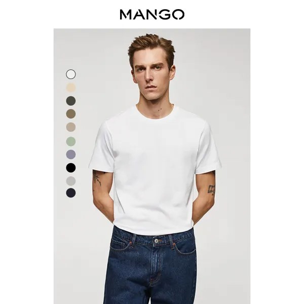 Мужская футболка Mango хлопковая повседневная, темно-зеленый