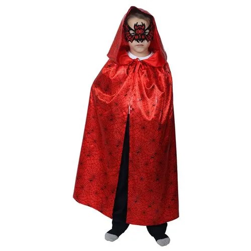 Карнавальный плащ с капюшоном, паутина на красном, атлас, длина 85 см + маска