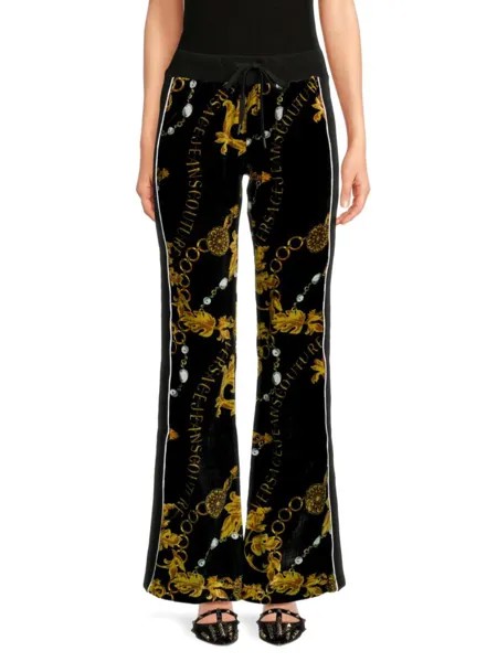 Бархатные брюки с высокой посадкой и логотипом Versace, цвет Black Gold