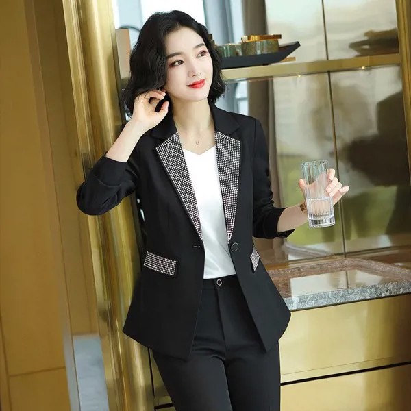 Женский офисный костюм с блестками, элегантный пиджак с длинным рукавом и брюки, корейский стиль, весна 2019
