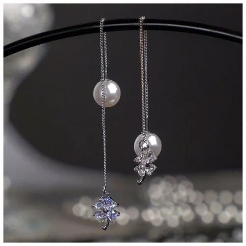 Серьги цепочки , бижутерный сплав, белый, серебряный