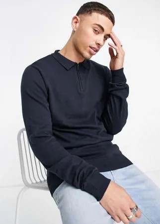 Темно-синее вязаное поло из хлопка с длинными рукавами и короткой молнией Threadbare-Зеленый цвет