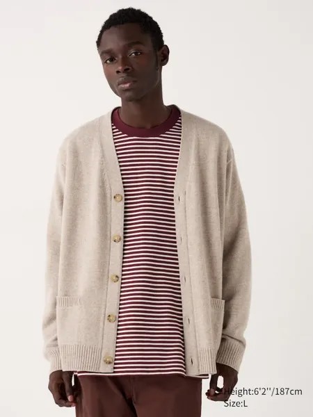 Кардиган из овечьей шерсти с v-образным вырезом Uniqlo, бежевый