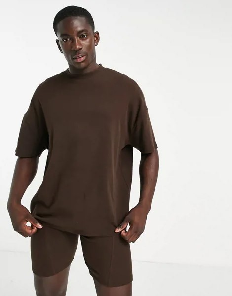 Коричневый однотонный пижамный комплект из oversized-футболки и шорт ASOS DESIGN-Коричневый цвет